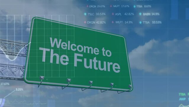 Animation of welcome to the future text on road sign and financial data processing