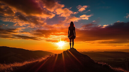 Sunset, woman silhouette on mountain, realistic background with sun light in sky clouds sky by AI generative