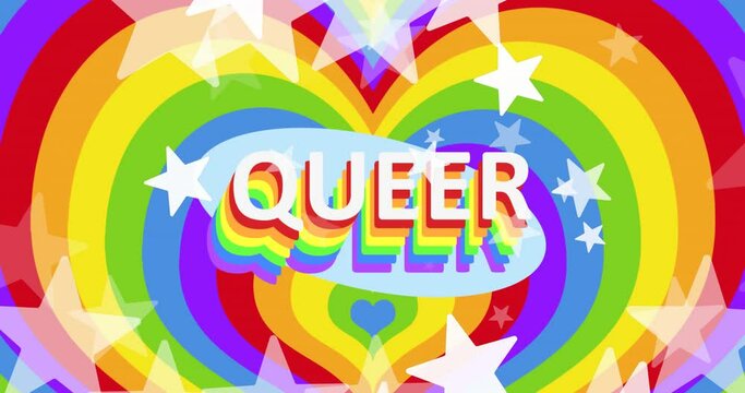 Animation of stars, queer lgbtq text over rainbow background