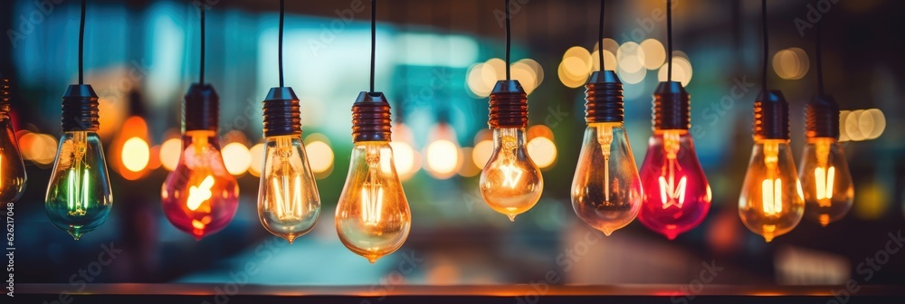 Aufkleber decorative antique light bulbs in a row with bokeh and colorful style. generative ai