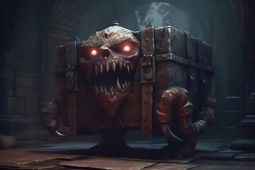 Mimic. Mystical, magical chest with teeth, mouth, eyes, muzzle. AI generated