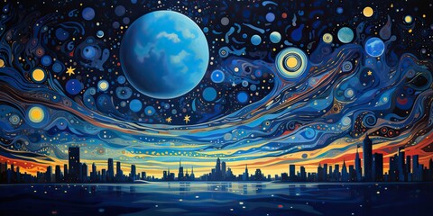 AI Generated. AI Generative. Night moon abstract geometric nature outdoor landscape with city on background. Graphic Art