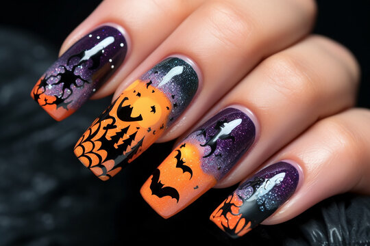 Close up of woman's fingernails with Halloween nail art