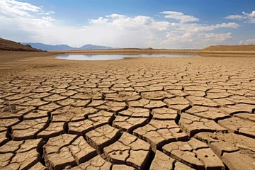 Poster Cracked earth with dried up lake in background. Global warming and water scarcity concept. © Firn