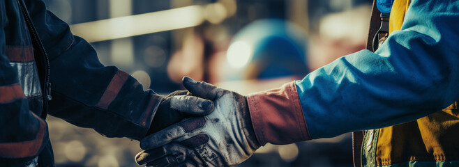 Blue collar workers shake hands with work gloves on - Generative Ai 