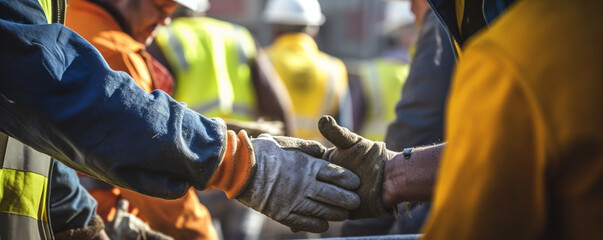 Blue collar workers shake hands with work gloves on - Generative Ai 