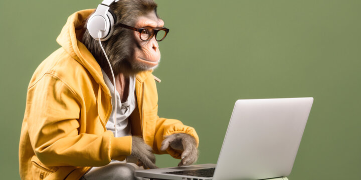 Monkey using a laptop computer and listening to headphones  - Generative Ai 