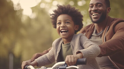 happy ethnic family father teaches child son to ride bike in park, Generative AI - obrazy, fototapety, plakaty