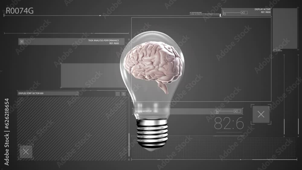 Poster animation of data processing over lightbulb with human brain on grey background