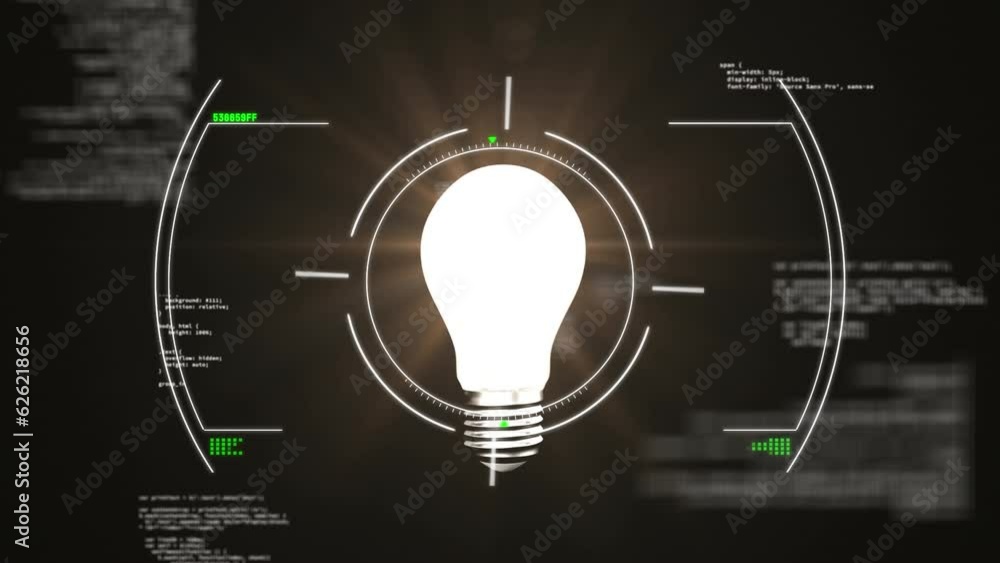 Poster animation of data processing over lightbulb on black background