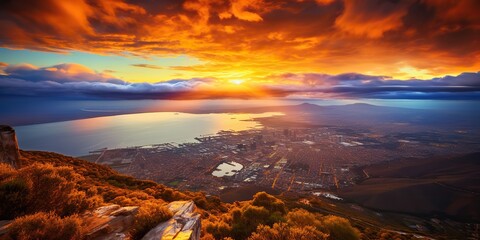 Naklejka premium AI Generated. AI Generative. City town urban cityscape from mountain high view background. Adventure vacation landscape vbie. Graphic Art