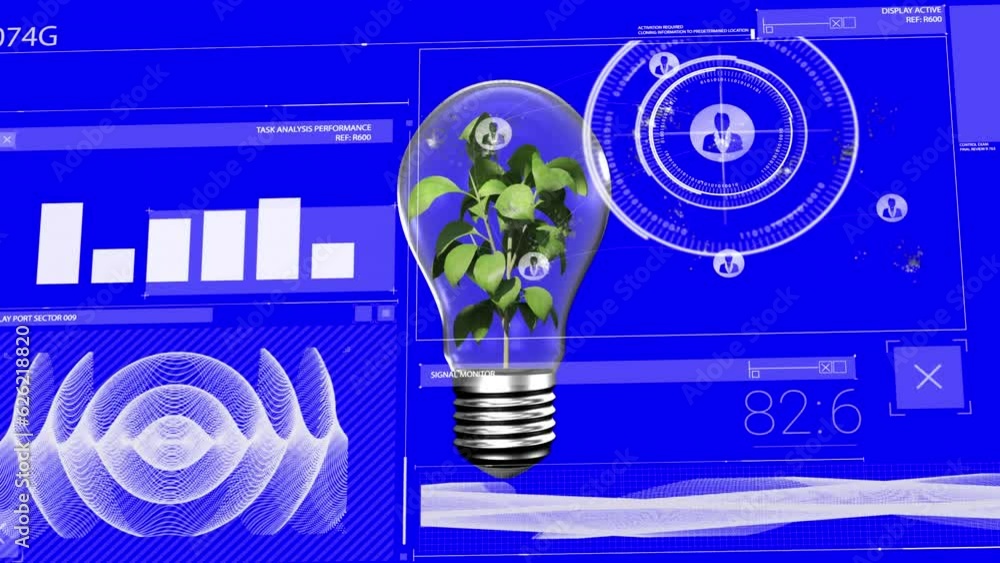 Poster animation of data processing over lightbulb with plant on blue background