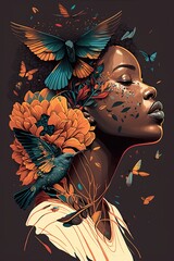 illustration Portrait beautiful African american Woman with Flowers.Abstract Poster, Cover, panorama