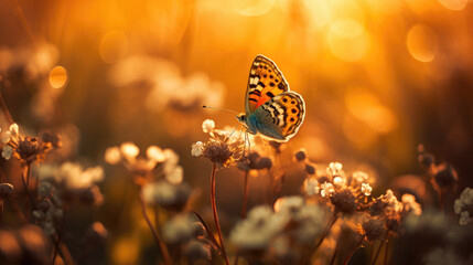 Butterfly on a flower at sunset in the rays of the setting sun