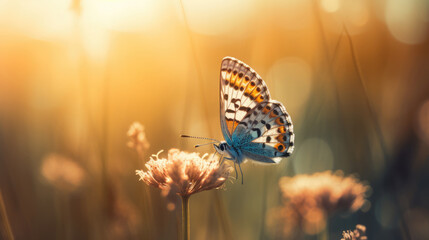 Butterfly on a flower in the field at sunset. Beautiful summer background.