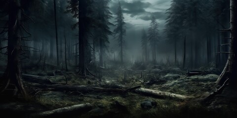 Fototapeta premium AI Generated. AI Generative. Mist magic fog night dark forest tree jungle landscape background. Scary nature outdoor adventure explore travel vibe style. Graphic Art