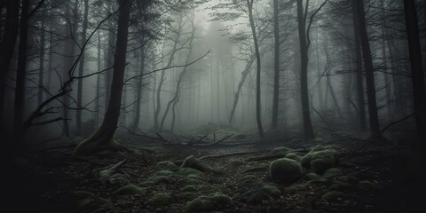Obraz premium AI Generated. AI Generative. Mist magic fog night dark forest tree jungle landscape background. Scary nature outdoor adventure explore travel vibe style view landmark