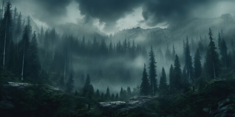AI Generated. AI Generative. Mist magic fog night dark forest tree jungle landscape background. Scary nature outdoor adventure explore travel vibe style. Graphic Art