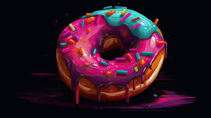 Chocolate glazed donut with sprinkles on dark background.