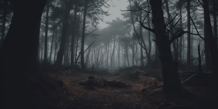 AI Generated. AI Generative. Mist magic fog night dark forest tree jungle landscape background. Scary nature outdoor adventure explore travel vibe style. Graphic Art © AkimD