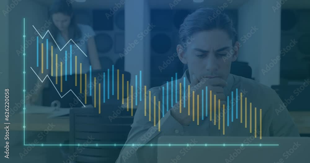 Poster animation of graphs over grid pattern against middle eastern man working at office
