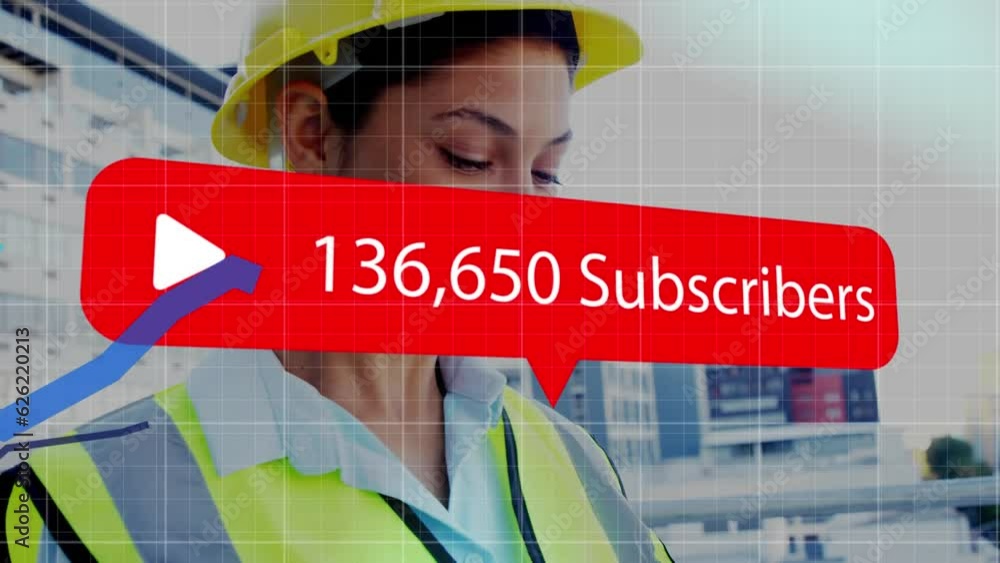 Poster animation of graphs over numbers and subscribers text over biracial warehouse worker