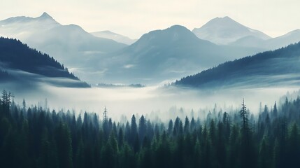 a forest of trees in front of a mountain range - obrazy, fototapety, plakaty
