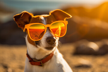 Funny dog in sunglasses outdoors in the summer. Cute staffordshire terrier posing and smiling, summer vacation and holidays concept Generative AI