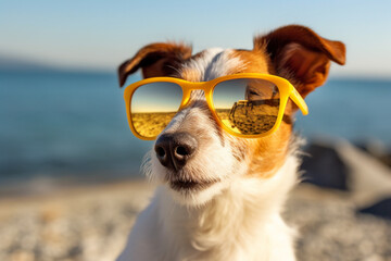 Funny dog in sunglasses outdoors in the summer. Cute staffordshire terrier posing and smiling, summer vacation and holidays concept Generative AI