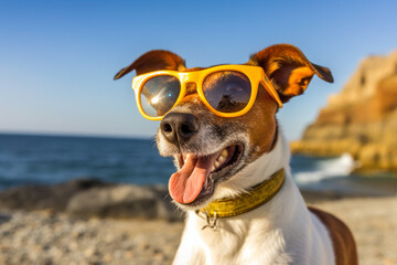 Fototapeta na wymiar Funny dog in sunglasses outdoors in the summer. Cute staffordshire terrier posing and smiling, summer vacation and holidays concept Generative AI