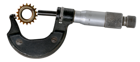 A micrometer that measures a gear shown skewed to show measurement errors.
