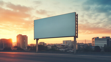 Vibrant sunset forming a fiery backdrop for a blank billboard frame, perfect for bold advertising