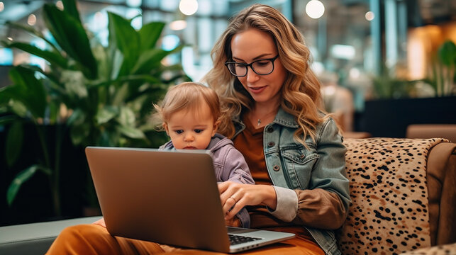 Woman With Child Working On Laptop Computer In Cafe At Table. Woman In Glasses With Kid Using Laptop For Communication Or Work. AI Generative