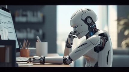 Android robot thinking in office 