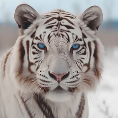 A majestic white tiger, with piercing blue eyes, standing confidently amidst a snowy landscape - Generative AI