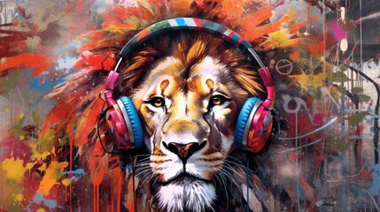 Portrait of lion with headphones