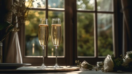 A pair of champagne glasses on a table in front of a windows