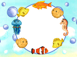 Marine watercolor frame with cute yellow and orange tang fish, clownfish, seahorse, octopus and jellyfish. Hand painted sea character illustrations for kids print, decoration and design
