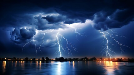 lightning striking a city - Powered by Adobe