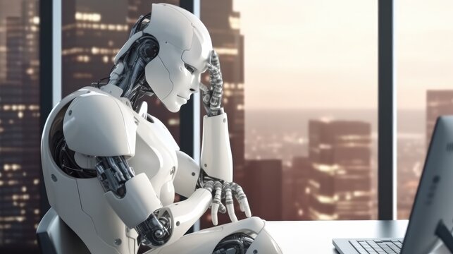 Android robot thinking in office 