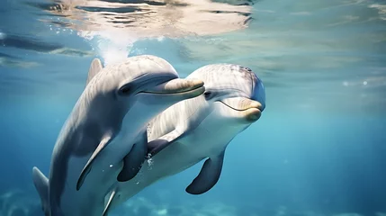 Zelfklevend Fotobehang two dolphins swimming in water © KWY