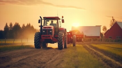 Agricultural vehicle works at sunset in countryside. Generative AI