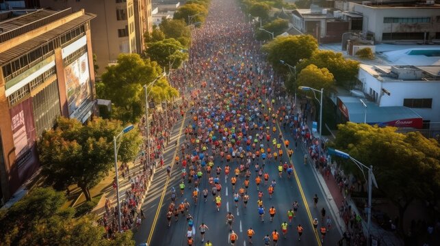 Aerial view of marathon city runners in the streets. Generative AI