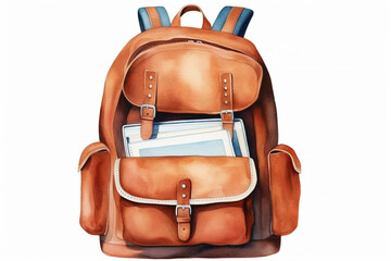 A watercolor painting of a backpack filled with school supplies, back to school, white background, watercolor style Generative AI