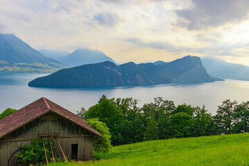 A breathtaking panoramic view of Lake Lucerne from the Rigi mountain range of the Alps