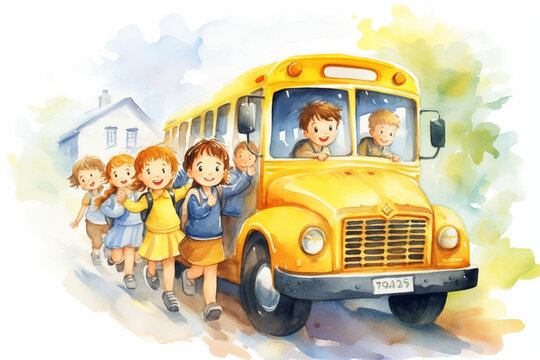 Watercolor illustration of a school bus with happy children on their way to school, back to school, white background, watercolor style Generative AI