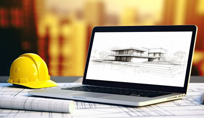 Digital design through architectural design software on laptop screen with documents and design plan on office desk - technology and traditional design method.