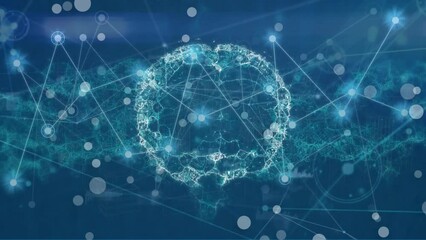 Animation of connected dots over digital brain and dna helix against blue background - Powered by Adobe