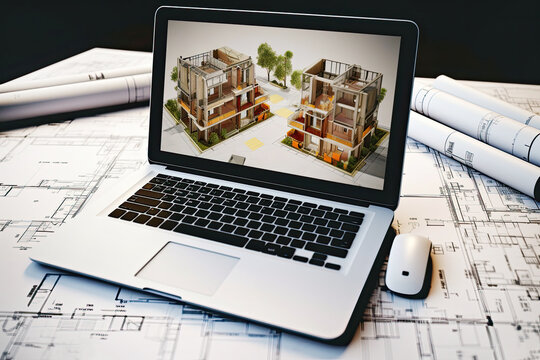 Digital design through architectural design software on laptop screen with documents and design plan on office desk - technology and traditional design method. - Powered by Adobe