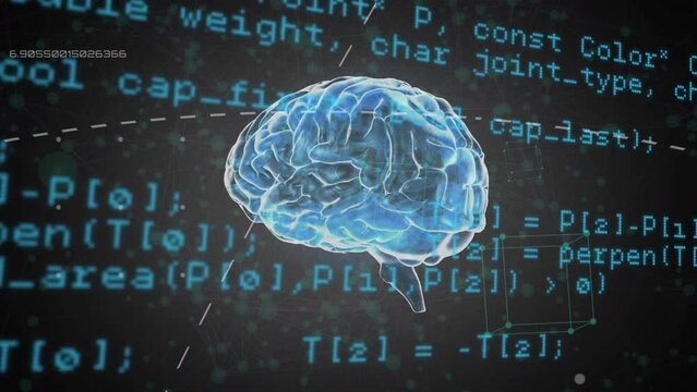 Animation of lines over digital brain against computer language against abstract background
